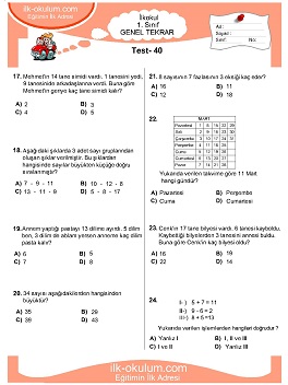 ilkokul 1. Sınıf Genel Tekrar Testleri 